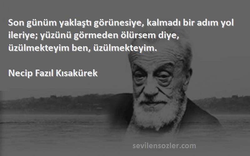 Necip Fazıl Kısakürek Sözleri 
Son günüm yaklaştı görünesiye, kalmadı bir adım yol ileriye; yüzünü görmeden ölürsem diye, üzülmekteyim ben, üzülmekteyim.