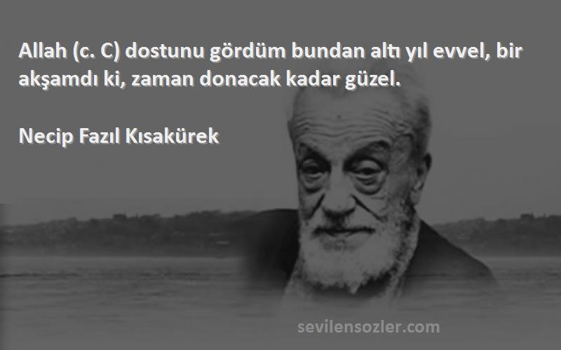 Necip Fazıl Kısakürek Sözleri 
Allah (c. C) dostunu gördüm bundan altı yıl evvel, bir akşamdı ki, zaman donacak kadar güzel.