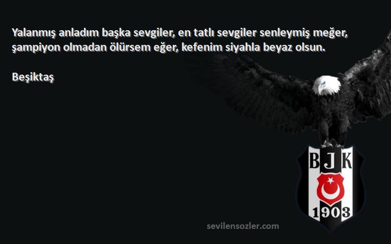 Beşiktaş Sözleri 
Yalanmış anladım başka sevgiler, en tatlı sevgiler senleymiş meğer, şampiyon olmadan ölürsem eğer, kefenim siyahla beyaz olsun.