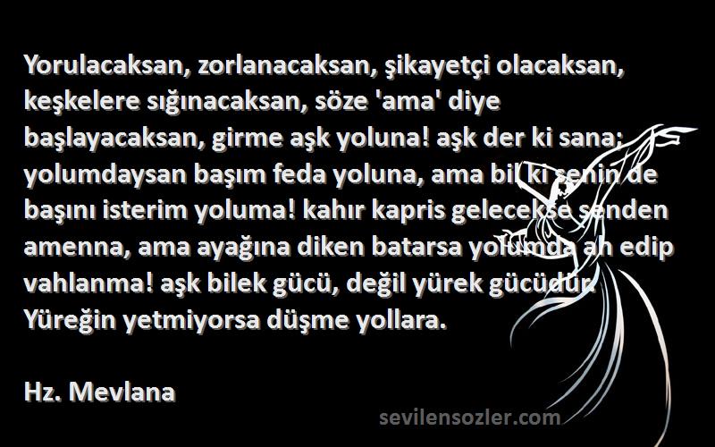 Hz. Mevlana Sözleri 
Yorulacaksan, zorlanacaksan, şikayetçi olacaksan, keşkelere sığınacaksan, söze 'ama' diye başlayacaksan, girme aşk yoluna! aşk der ki sana; yolumdaysan başım feda yoluna, ama bil ki senin de başını isterim yoluma! kahır kapris gelecekse senden amenna, ama ayağına diken batarsa yolumda ah edip vahlanma! aşk bilek gücü, değil yürek gücüdür. Yüreğin yetmiyorsa düşme yollara.