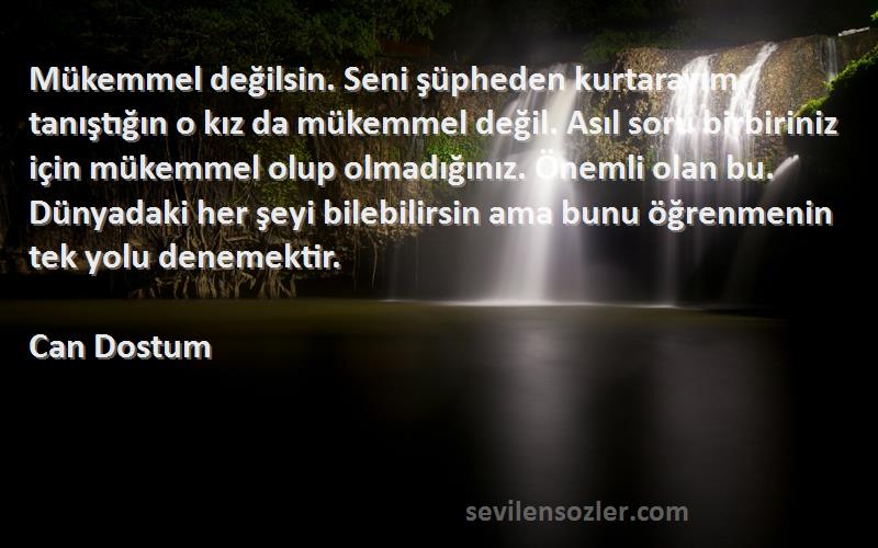 Can Dostum Sözleri 
Mükemmel değilsin. Seni şüpheden kurtarayım tanıştığın o kız da mükemmel değil. Asıl soru birbiriniz için mükemmel olup olmadığınız. Önemli olan bu. Dünyadaki her şeyi bilebilirsin ama bunu öğrenmenin tek yolu denemektir.