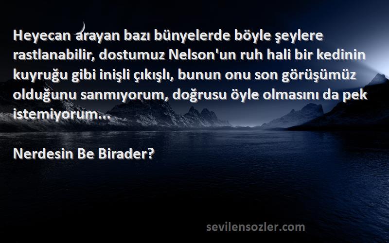 Nerdesin Be Birader? Sözleri 
Heyecan arayan bazı bünyelerde böyle şeylere rastlanabilir, dostumuz Nelson'un ruh hali bir kedinin kuyruğu gibi inişli çıkışlı, bunun onu son görüşümüz olduğunu sanmıyorum, doğrusu öyle olmasını da pek istemiyorum...