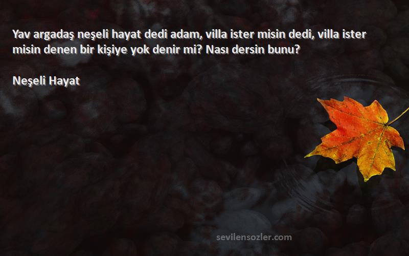 Neşeli Hayat Sözleri 
Yav argadaş neşeli hayat dedi adam, villa ister misin dedi, villa ister misin denen bir kişiye yok denir mi? Nası dersin bunu?