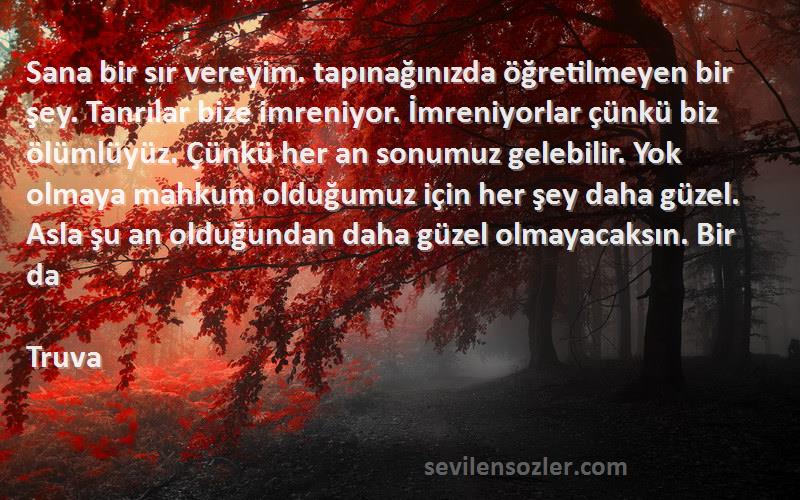 Truva Sözleri 
Sana bir sır vereyim. tapınağınızda öğretilmeyen bir şey. Tanrılar bize imreniyor. İmreniyorlar çünkü biz ölümlüyüz. Çünkü her an sonumuz gelebilir. Yok olmaya mahkum olduğumuz için her şey daha güzel. Asla şu an olduğundan daha güzel olmayacaksın. Bir da