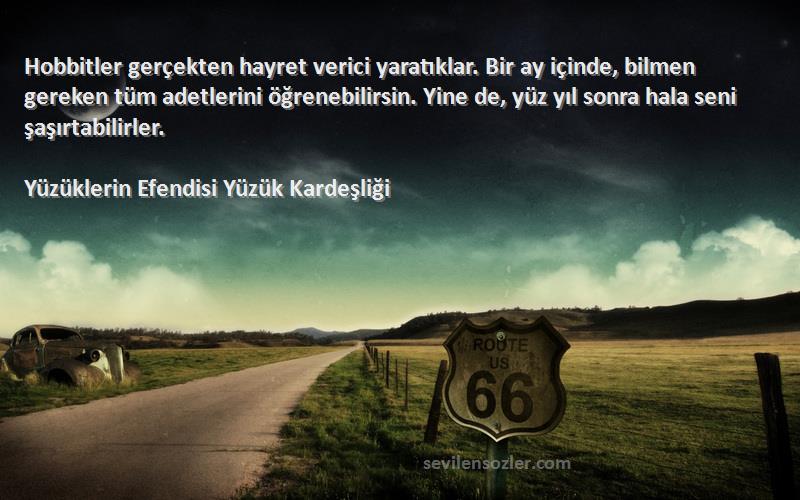 Yüzüklerin Efendisi Yüzük Kardeşliği Sözleri 
Hobbitler gerçekten hayret verici yaratıklar. Bir ay içinde, bilmen gereken tüm adetlerini öğrenebilirsin. Yine de, yüz yıl sonra hala seni şaşırtabilirler.