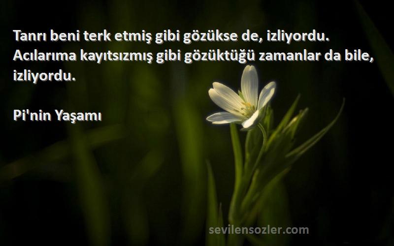 Pi'nin Yaşamı Sözleri 
Tanrı beni terk etmiş gibi gözükse de, izliyordu. Acılarıma kayıtsızmış gibi gözüktüğü zamanlar da bile, izliyordu.