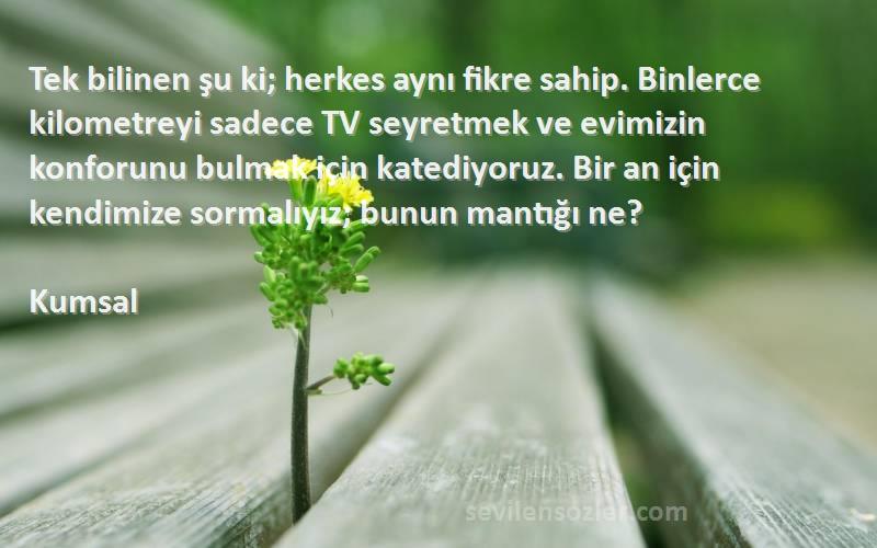 Kumsal Sözleri 
Tek bilinen şu ki; herkes aynı fikre sahip. Binlerce kilometreyi sadece TV seyretmek ve evimizin konforunu bulmak için katediyoruz. Bir an için kendimize sormalıyız; bunun mantığı ne?