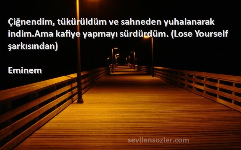 Eminem Sözleri 
Çiğnendim, tükürüldüm ve sahneden yuhalanarak indim.Ama kafiye yapmayı sürdürdüm. (Lose Yourself şarkısından)