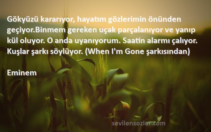 Eminem Sözleri 
Gökyüzü kararıyor, hayatım gözlerimin önünden geçiyor.Binmem gereken uçak parçalanıyor ve yanıp kül oluyor. O anda uyanıyorum. Saatin alarmı çalıyor. Kuşlar şarkı söylüyor. (When I'm Gone şarkısından)