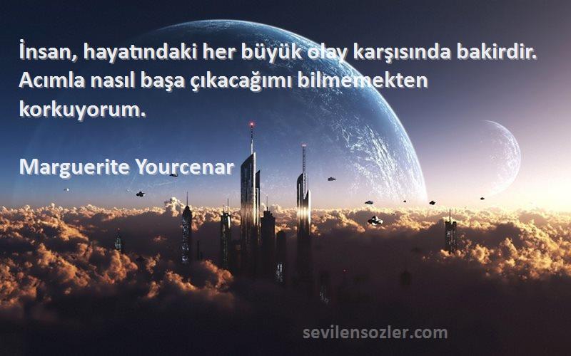 Marguerite Yourcenar Sözleri 
İnsan, hayatındaki her büyük olay karşısında bakirdir. Acımla nasıl başa çıkacağımı bilmemekten korkuyorum.