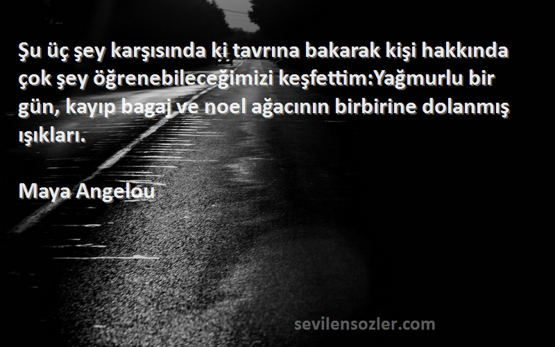 Maya Angelou Sözleri 
Şu üç şey karşısında ki tavrına bakarak kişi hakkında çok şey öğrenebileceğimizi keşfettim:Yağmurlu bir gün, kayıp bagaj ve noel ağacının birbirine dolanmış ışıkları.