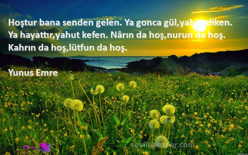 Yunus Emre Sözleri 
Hoştur bana senden gelen. Ya gonca gül,yahut diken. Ya hayattır,yahut kefen. Nârın da hoş,nurun da hoş. Kahrın da hoş,lütfun da hoş.