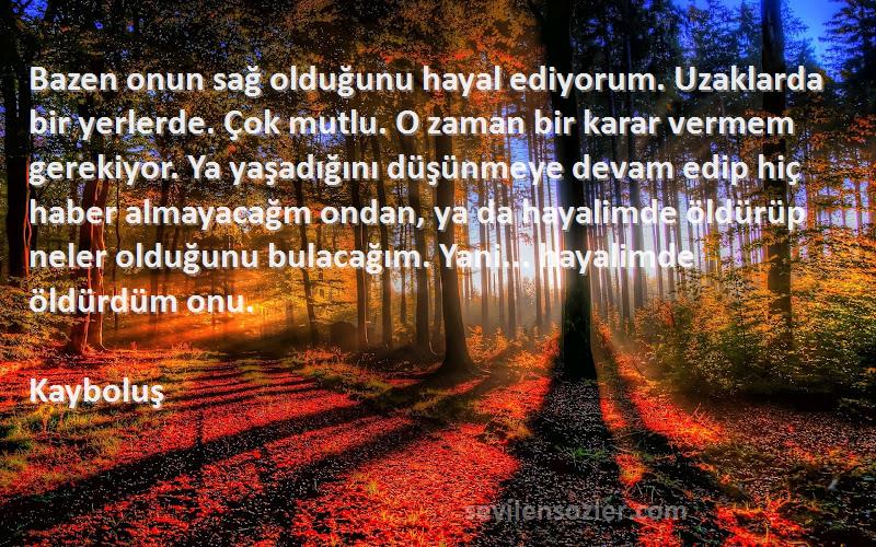 Kayboluş Sözleri 
Bazen onun sağ olduğunu hayal ediyorum. Uzaklarda bir yerlerde. Çok mutlu. O zaman bir karar vermem gerekiyor. Ya yaşadığını düşünmeye devam edip hiç haber almayacağm ondan, ya da hayalimde öldürüp neler olduğunu bulacağım. Yani... hayalimde öldürdüm onu.