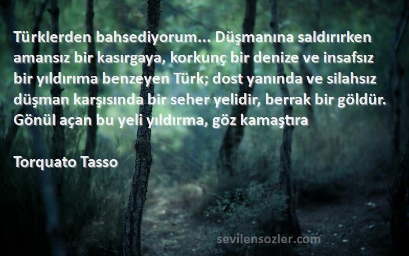 Torquato Tasso Sözleri 
Türklerden bahsediyorum... Düşmanına saldırırken amansız bir kasırgaya, korkunç bir denize ve insafsız bir yıldırıma benzeyen Türk; dost yanında ve silahsız düşman karşısında bir seher yelidir, berrak bir göldür. Gönül açan bu yeli yıldırma, göz kamaştıra