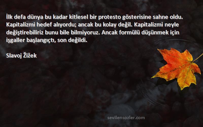 Slavoj Žižek Sözleri 
İlk defa dünya bu kadar kitlesel bir protesto gösterisine sahne oldu. Kapitalizmi hedef alıyordu; ancak bu kolay değil. Kapitalizmi neyle değiştirebiliriz bunu bile bilmiyoruz. Ancak formülü düşünmek için işgaller başlangıçtı, son değildi.