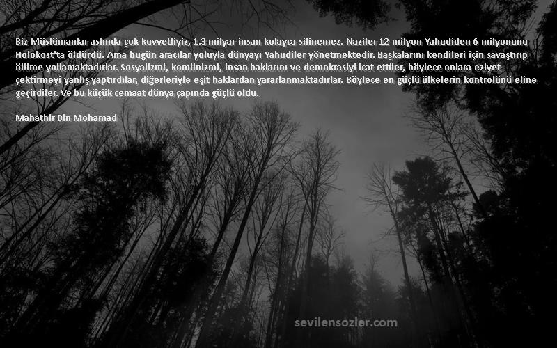 Mahathir Bin Mohamad Sözleri 
Biz Müslümanlar aslında çok kuvvetliyiz, 1.3 milyar insan kolayca silinemez. Naziler 12 milyon Yahudiden 6 milyonunu Holokost'ta öldürdü. Ama bugün aracılar yoluyla dünyayı Yahudiler yönetmektedir. Başkalarını kendileri için savaştırıp ölüme yollamaktadırlar. Sosyalizmi, komünizmi, insan haklarını ve demokrasiyi icat ettiler, böylece onlara eziyet çektirmeyi yanlış yaptırdılar, diğerleriyle eşit haklardan yararlanmaktadırlar. Böylece en güçlü ülkelerin kontrolünü eline geçirdiler. Ve bu küçük cemaat dünya çapında güçlü oldu.
