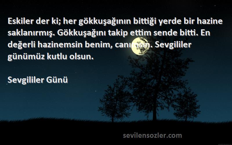 Sevgililer Günü Sözleri 
Eskiler der ki; her gökkuşağının bittiği yerde bir hazine saklanırmış. Gökkuşağını takip ettim sende bitti. En değerli hazinemsin benim, canımsın. Sevgililer günümüz kutlu olsun.