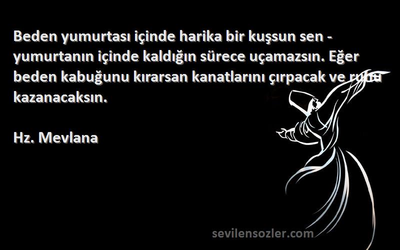 Hz. Mevlana Sözleri 
Beden yumurtası içinde harika bir kuşsun sen -yumurtanın içinde kaldığın sürece uçamazsın. Eğer beden kabuğunu kırarsan kanatlarını çırpacak ve ruhu kazanacaksın. 