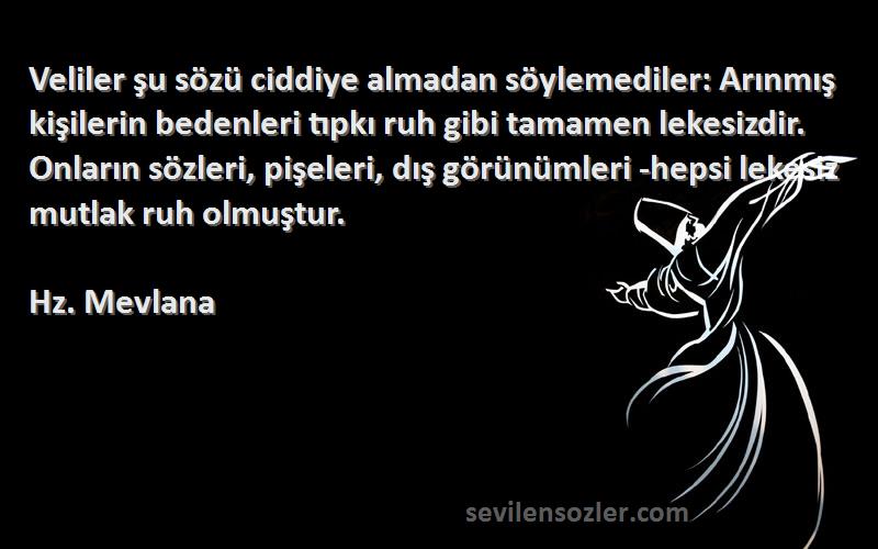 Hz. Mevlana Sözleri 
Veliler şu sözü ciddiye almadan söylemediler: Arınmış kişilerin bedenleri tıpkı ruh gibi tamamen lekesizdir. Onların sözleri, pişeleri, dış görünümleri -hepsi lekesiz mutlak ruh olmuştur.