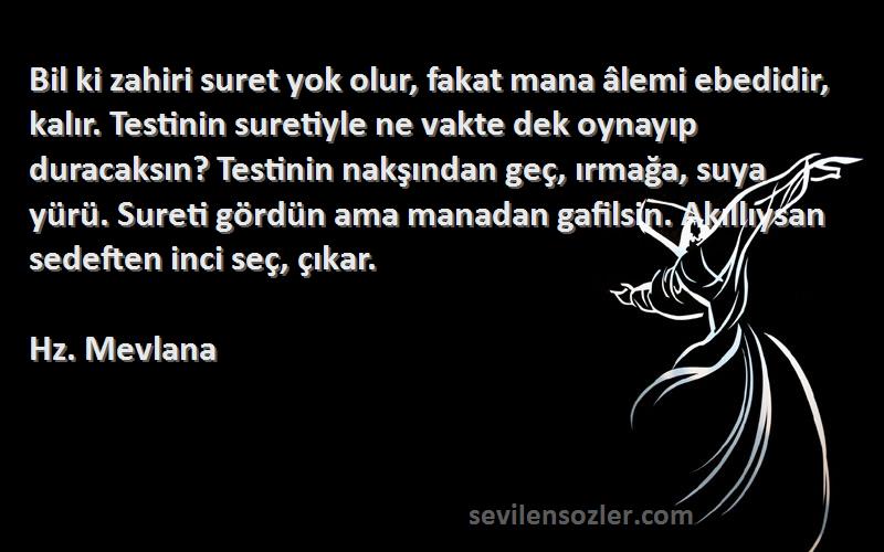 Hz. Mevlana Sözleri 
Bil ki zahiri suret yok olur, fakat mana âlemi ebedidir, kalır. Testinin suretiyle ne vakte dek oynayıp duracaksın? Testinin nakşından geç, ırmağa, suya yürü. Sureti gördün ama manadan gafilsin. Akıllıysan sedeften inci seç, çıkar.