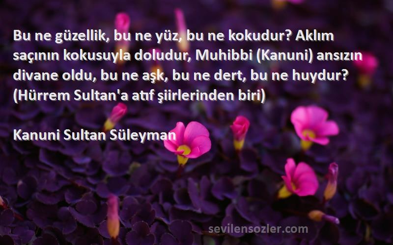 Kanuni Sultan Süleyman Sözleri 
Bu ne güzellik, bu ne yüz, bu ne kokudur? Aklım saçının kokusuyla doludur, Muhibbi (Kanuni) ansızın divane oldu, bu ne aşk, bu ne dert, bu ne huydur? (Hürrem Sultan'a atıf şiirlerinden biri)