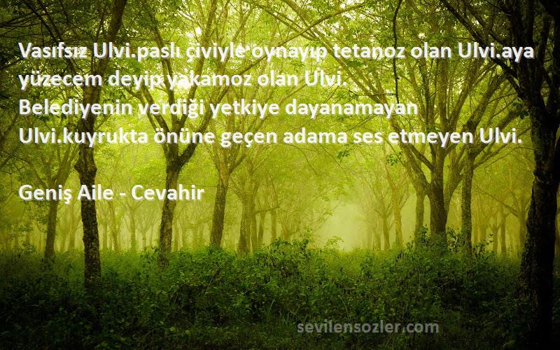 Geniş Aile - Cevahir Sözleri 
Vasıfsız Ulvi.paslı çiviyle oynayıp tetanoz olan Ulvi.aya yüzecem deyip yakamoz olan Ulvi.
Belediyenin verdiği yetkiye dayanamayan Ulvi.kuyrukta önüne geçen adama ses etmeyen Ulvi.
