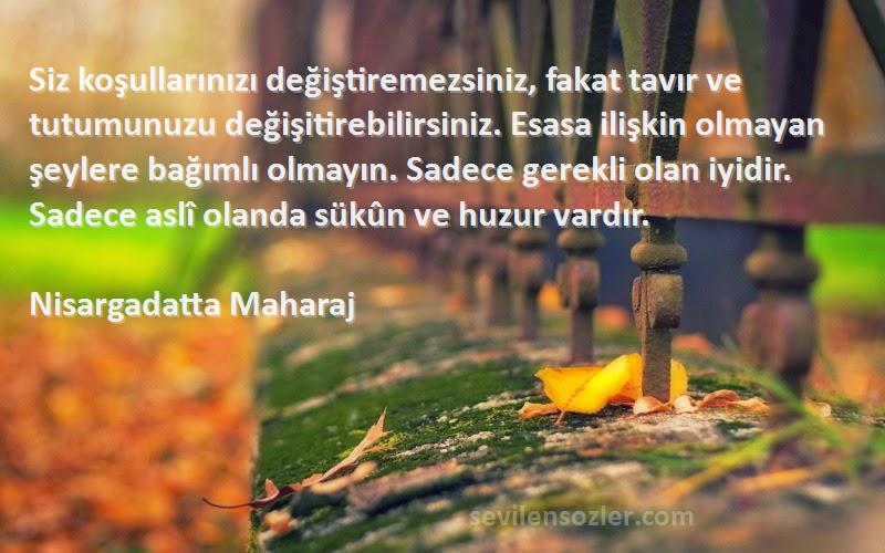 Nisargadatta Maharaj Sözleri 
Siz koşullarınızı değiştiremezsiniz, fakat tavır ve tutumunuzu değişitirebilirsiniz. Esasa ilişkin olmayan şeylere bağımlı olmayın. Sadece gerekli olan iyidir. Sadece aslî olanda sükûn ve huzur vardır.
