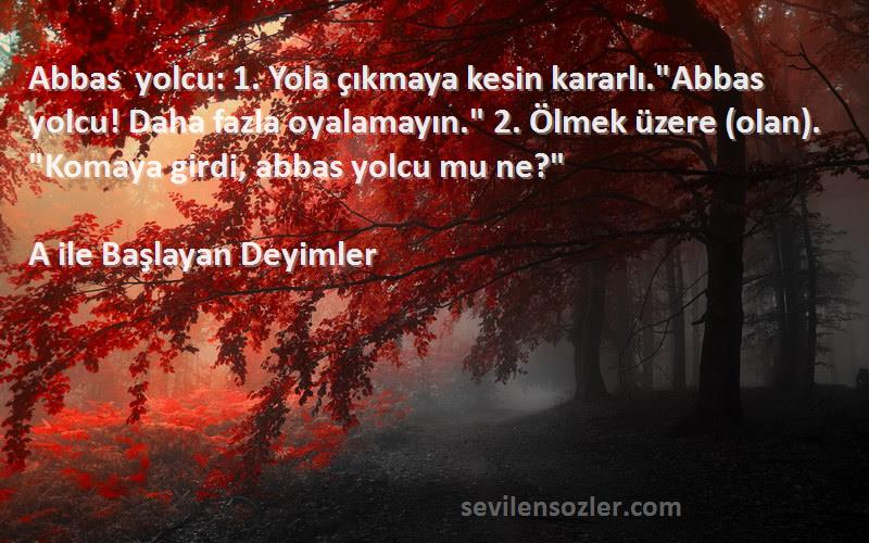 A ile Başlayan Deyimler Sözleri 
Abbas yolcu: 1. Yola çıkmaya kesin kararlı.Abbas yolcu! Daha fazla oyalamayın. 2. Ölmek üzere (olan). Komaya girdi, abbas yolcu mu ne?