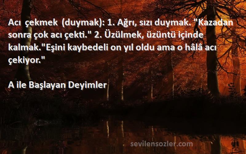 A ile Başlayan Deyimler Sözleri 
Acı çekmek (duymak): 1. Ağrı, sızı duymak. Kazadan sonra çok acı çekti. 2. Üzülmek, üzüntü içinde kalmak.Eşini kaybedeli on yıl oldu ama o hâlâ acı çekiyor.