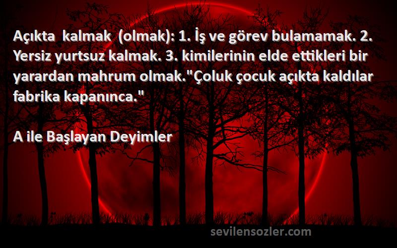 A ile Başlayan Deyimler Sözleri 
Açıkta kalmak (olmak): 1. İş ve görev bulamamak. 2. Yersiz yurtsuz kalmak. 3. kimilerinin elde ettikleri bir yarardan mahrum olmak.Çoluk çocuk açıkta kaldılar fabrika kapanınca.