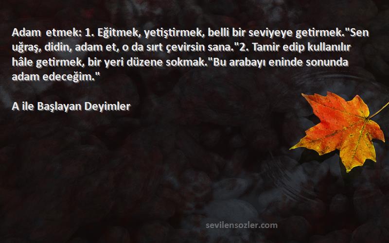 A ile Başlayan Deyimler Sözleri 
Adam etmek: 1. Eğitmek, yetiştirmek, belli bir seviyeye getirmek.Sen uğraş, didin, adam et, o da sırt çevirsin sana.2. Tamir edip kullanılır hâle getirmek, bir yeri düzene sokmak.Bu arabayı eninde sonunda adam edeceğim.