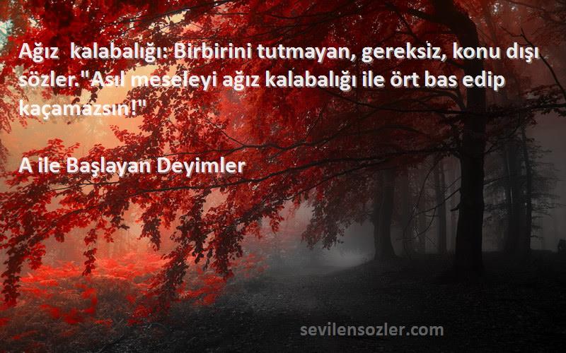 A ile Başlayan Deyimler Sözleri 
Ağız kalabalığı: Birbirini tutmayan, gereksiz, konu dışı sözler.Asıl meseleyi ağız kalabalığı ile ört bas edip kaçamazsın!