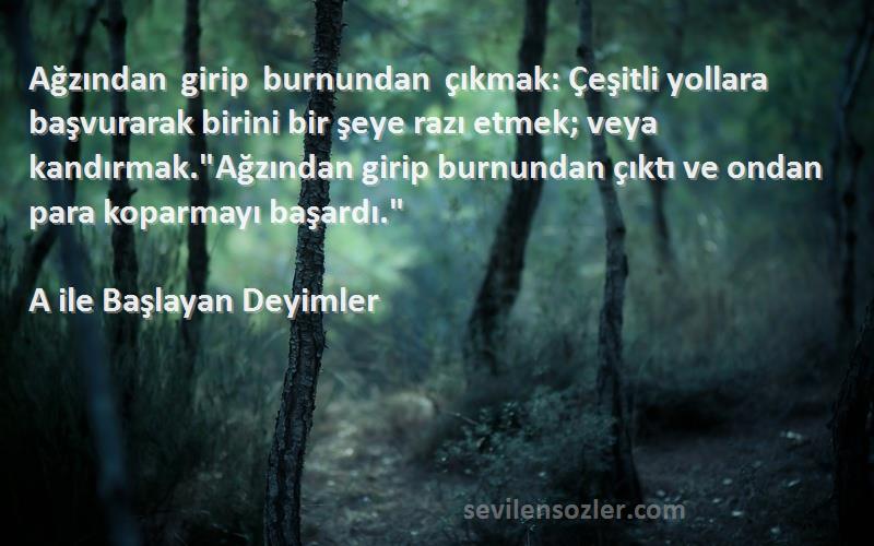 A ile Başlayan Deyimler Sözleri 
Ağzından girip burnundan çıkmak: Çeşitli yollara başvurarak birini bir şeye razı etmek; veya kandırmak.Ağzından girip burnundan çıktı ve ondan para koparmayı başardı.