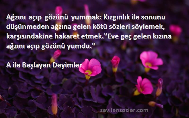 A ile Başlayan Deyimler Sözleri 
Ağzını açıp gözünü yummak: Kızgınlık ile sonunu düşünmeden ağzına gelen kötü sözleri söylemek, karşısındakine hakaret etmek.Eve geç gelen kızına ağzını açıp gözünü yumdu.