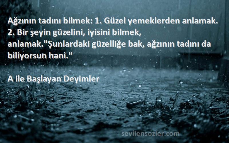 A ile Başlayan Deyimler - Ağzının tadını bilmek: 1. Güzel yemeklerden anlamak. 2. Bir şeyin güzelini, iyisini bilmek, anlamak....