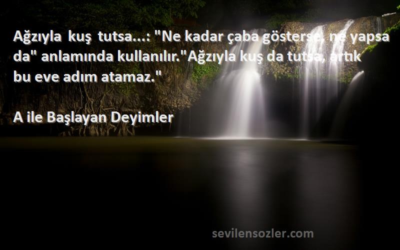 A ile Başlayan Deyimler Sözleri 
Ağzıyla kuş tutsa...: Ne kadar çaba gösterse, ne yapsa da anlamında kullanılır.Ağzıyla kuş da tutsa, artık bu eve adım atamaz.