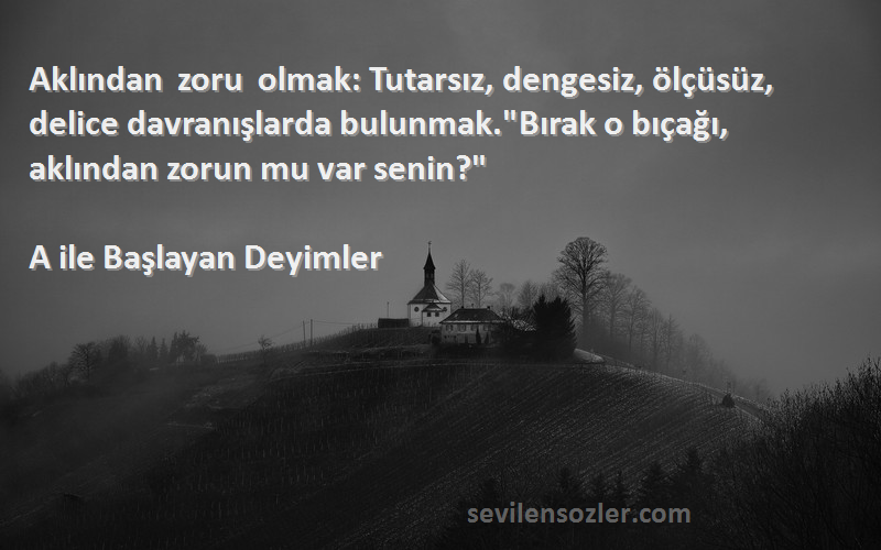 A ile Başlayan Deyimler Sözleri 
Aklından zoru olmak: Tutarsız, dengesiz, ölçüsüz, delice davranışlarda bulunmak.Bırak o bıçağı, aklından zorun mu var senin?