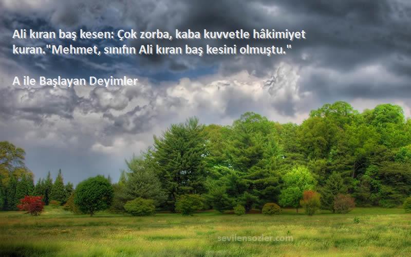 A ile Başlayan Deyimler Sözleri 
Ali kıran baş kesen: Çok zorba, kaba kuvvetle hâkimiyet kuran.Mehmet, sınıfın Ali kıran baş kesini olmuştu.