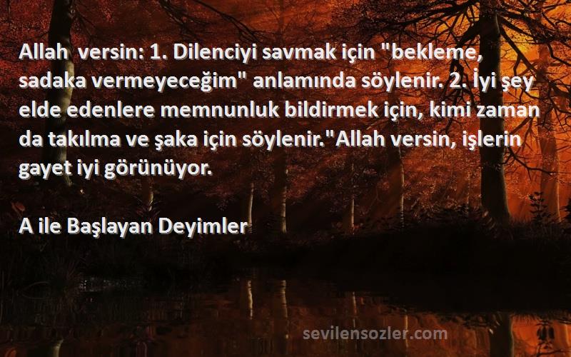 A ile Başlayan Deyimler Sözleri 
Allah versin: 1. Dilenciyi savmak için bekleme, sadaka vermeyeceğim anlamında söylenir. 2. İyi şey elde edenlere memnunluk bildirmek için, kimi zaman da takılma ve şaka için söylenir.Allah versin, işlerin gayet iyi görünüyor.