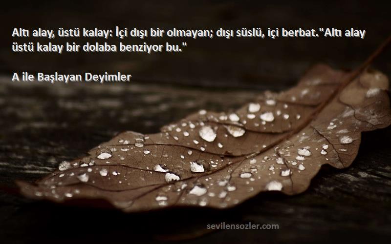 A ile Başlayan Deyimler Sözleri 
Altı alay, üstü kalay: İçi dışı bir olmayan; dışı süslü, içi berbat.Altı alay üstü kalay bir dolaba benziyor bu.