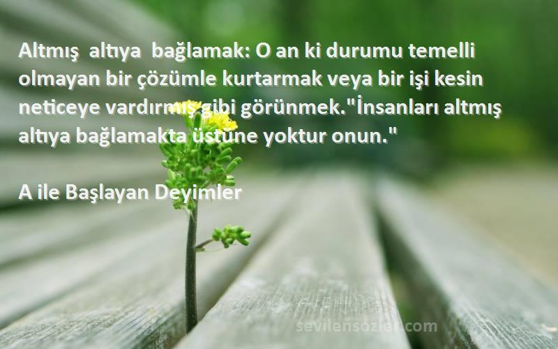 A ile Başlayan Deyimler Sözleri 
Altmış altıya bağlamak: O an ki durumu temelli olmayan bir çözümle kurtarmak veya bir işi kesin neticeye vardırmış gibi görünmek.İnsanları altmış altıya bağlamakta üstüne yoktur onun.