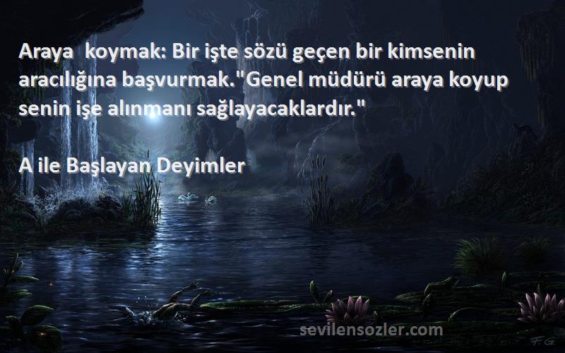 A ile Başlayan Deyimler Sözleri 
Araya koymak: Bir işte sözü geçen bir kimsenin aracılığına başvurmak.Genel müdürü araya koyup senin işe alınmanı sağlayacaklardır.