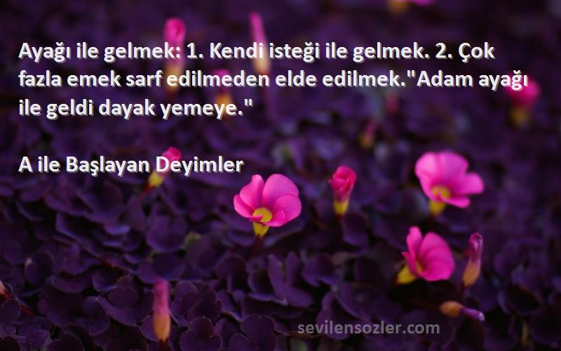 A ile Başlayan Deyimler Sözleri 
Ayağı ile gelmek: 1. Kendi isteği ile gelmek. 2. Çok fazla emek sarf edilmeden elde edilmek.Adam ayağı ile geldi dayak yemeye.