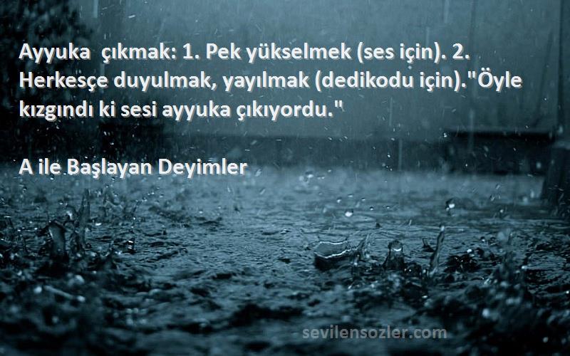 A ile Başlayan Deyimler Sözleri 
Ayyuka çıkmak: 1. Pek yükselmek (ses için). 2. Herkesçe duyulmak, yayılmak (dedikodu için).Öyle kızgındı ki sesi ayyuka çıkıyordu.