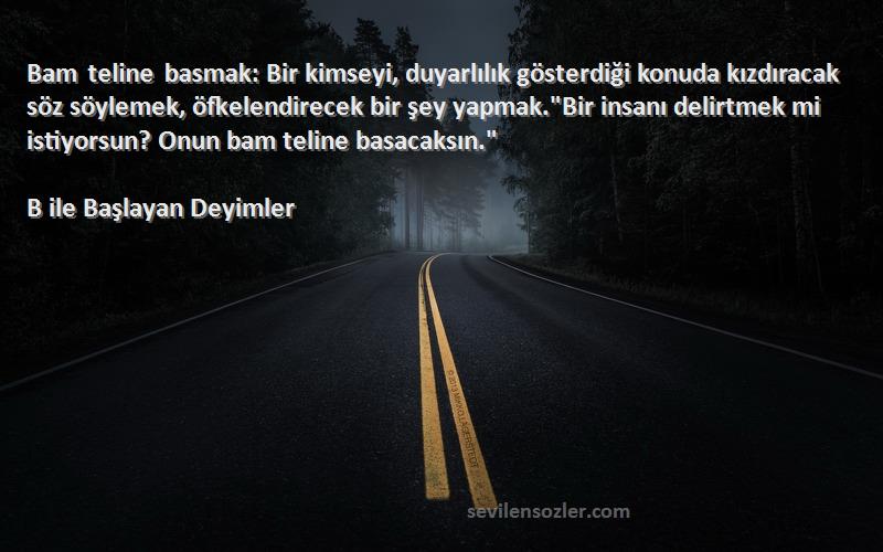 B ile Başlayan Deyimler Sözleri 
Bam teline basmak: Bir kimseyi, duyarlılık gösterdiği konuda kızdıracak söz söylemek, öfkelendirecek bir şey yapmak.Bir insanı delirtmek mi istiyorsun? Onun bam teline basacaksın.