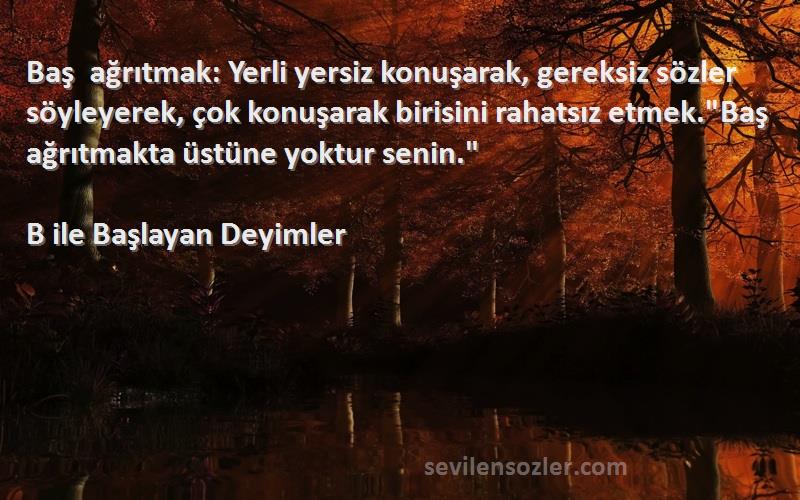 B ile Başlayan Deyimler Sözleri 
Baş ağrıtmak: Yerli yersiz konuşarak, gereksiz sözler söyleyerek, çok konuşarak birisini rahatsız etmek.Baş ağrıtmakta üstüne yoktur senin.