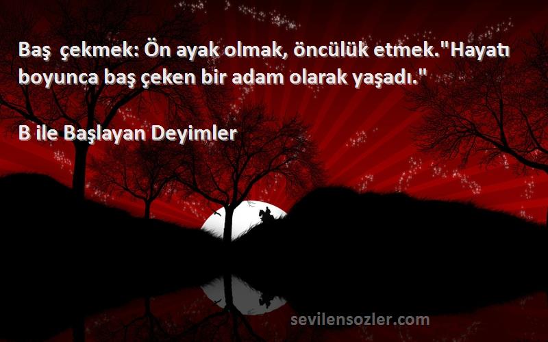 B ile Başlayan Deyimler - Baş çekmek: Ön ayak olmak, öncülük etmek.Hayatı boyunca baş çeken bir adam olarak yaşadı.