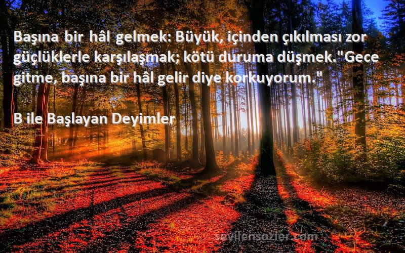 B ile Başlayan Deyimler Sözleri 
Başına bir hâl gelmek: Büyük, içinden çıkılması zor güçlüklerle karşılaşmak; kötü duruma düşmek.Gece gitme, başına bir hâl gelir diye korkuyorum.