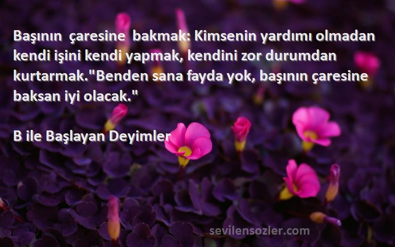 B ile Başlayan Deyimler Sözleri 
Başının çaresine bakmak: Kimsenin yardımı olmadan kendi işini kendi yapmak, kendini zor durumdan kurtarmak.Benden sana fayda yok, başının çaresine baksan iyi olacak.