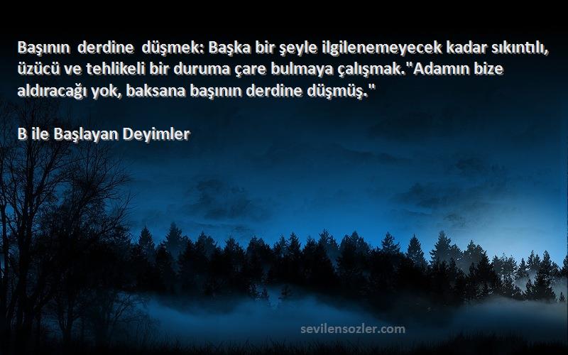 B ile Başlayan Deyimler Sözleri 
Başının derdine düşmek: Başka bir şeyle ilgilenemeyecek kadar sıkıntılı, üzücü ve tehlikeli bir duruma çare bulmaya çalışmak.Adamın bize aldıracağı yok, baksana başının derdine düşmüş.